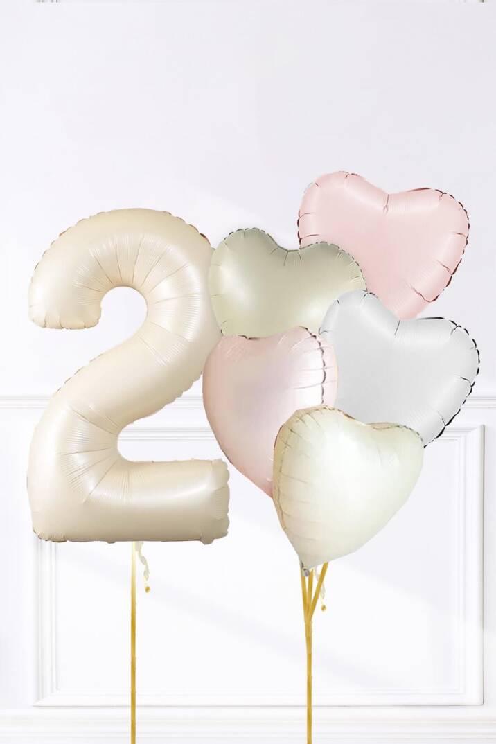 Saten Pembe Beyaz Retro Krem Renkler Kalp ve Yaş Rakamlı Doğum Günü Balon Seti - 3