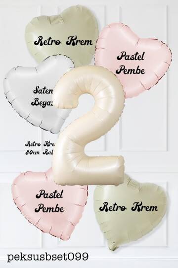 Saten Pembe Beyaz Retro Krem Renkler Kalp ve Yaş Rakamlı Doğum Günü Balon Seti - 4