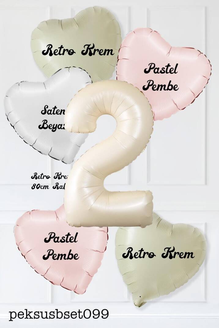 Saten Pembe Beyaz Retro Krem Renkler Kalp ve Yaş Rakamlı Doğum Günü Balon Seti - 4