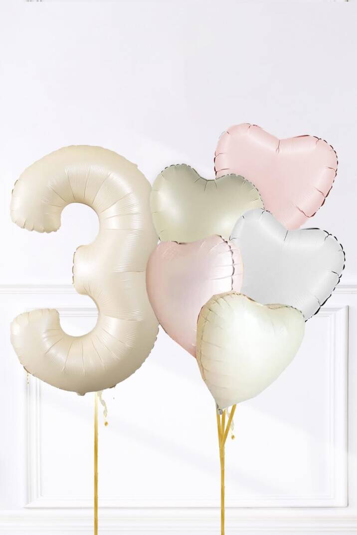 Saten Pembe Beyaz Retro Krem Renkler Kalp ve Yaş Rakamlı Doğum Günü Balon Seti - 5