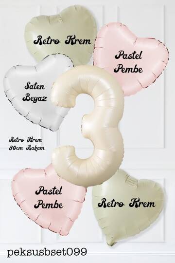 Saten Pembe Beyaz Retro Krem Renkler Kalp ve Yaş Rakamlı Doğum Günü Balon Seti - 6