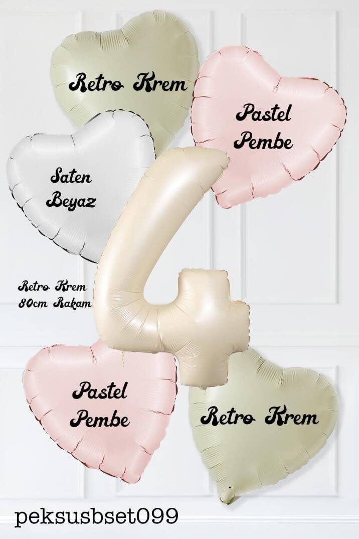 Saten Pembe Beyaz Retro Krem Renkler Kalp ve Yaş Rakamlı Doğum Günü Balon Seti - 8
