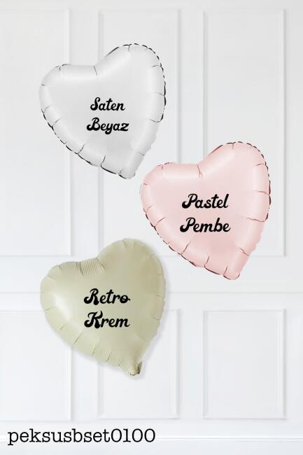 Saten ve Retro Renkler Kalp Balon Demeti 3'lü Pastel Saten Beyaz Pembe Retro Krem Kalp - 2