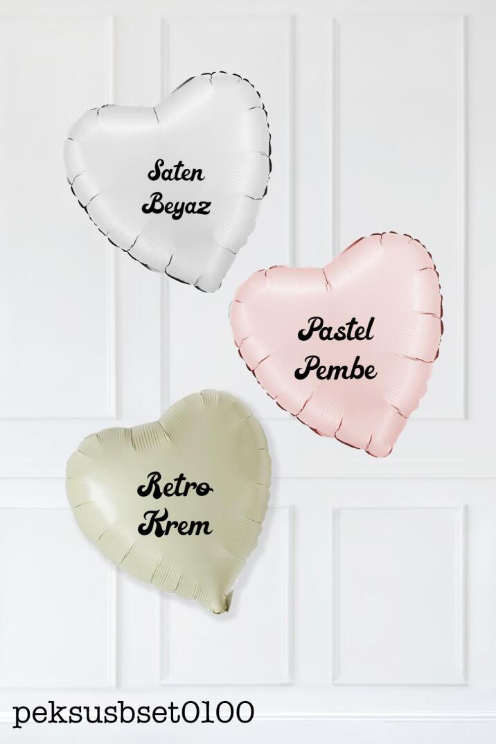 Saten ve Retro Renkler Kalp Balon Demeti 3'lü Pastel Saten Beyaz Pembe Retro Krem Kalp - 2
