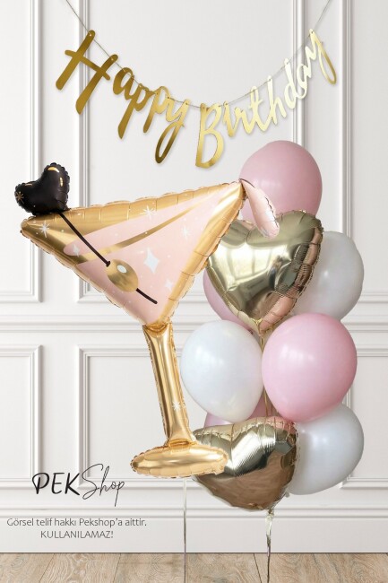 Set243 Happy Birthday Banner ve Kadeh Balonlu Gold Pembe Yetişkin Doğum Günü Balon Seti - 1