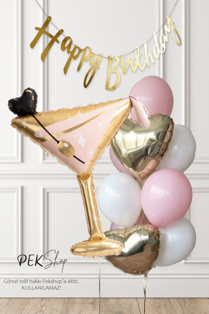 Set243 Happy Birthday Banner ve Kadeh Balonlu Gold Pembe Yetişkin Doğum Günü Balon Seti - 1