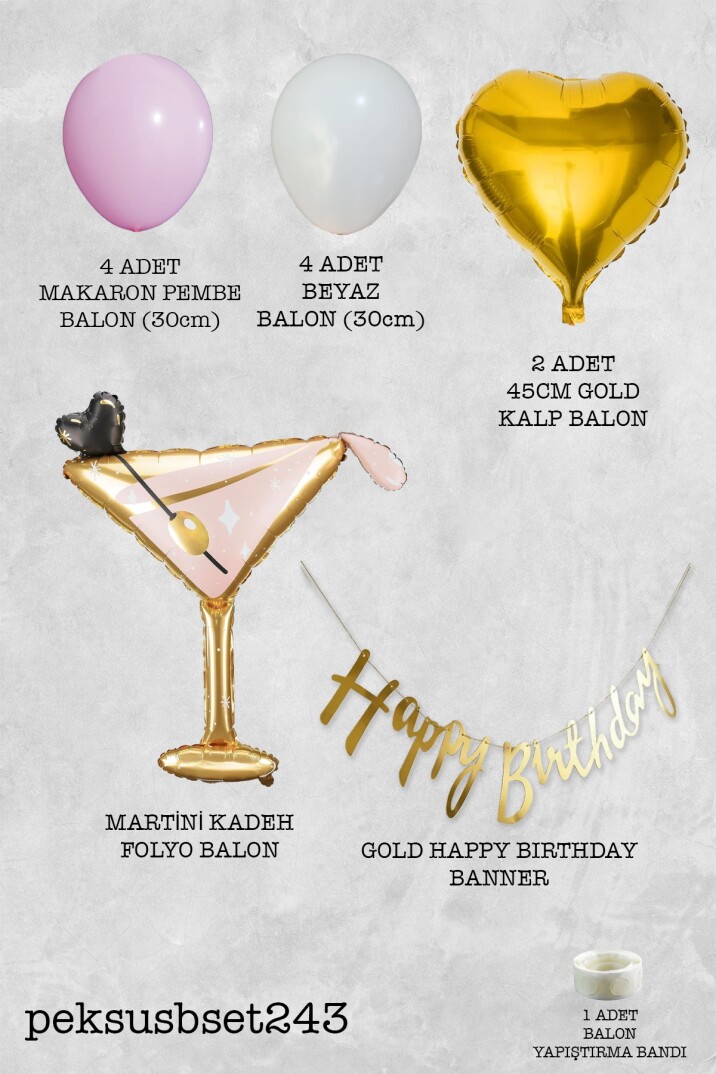 Set243 Happy Birthday Banner ve Kadeh Balonlu Gold Pembe Yetişkin Doğum Günü Balon Seti - 2