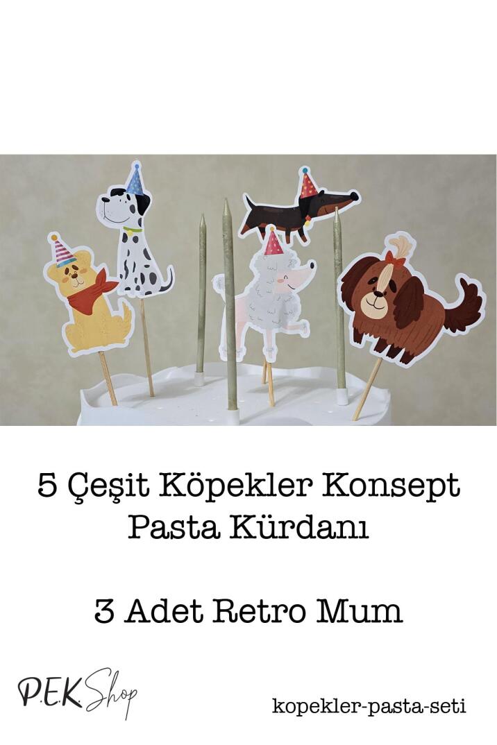Sevimli Köpekler Konsept Pasta Süsleri Seti Pasta Mumu ve Pasta Kürdanları Süsleme Seti 8 Parça - 2