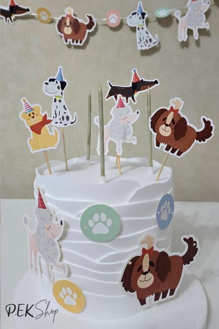 Sevimli Köpekler Konsept Pasta Süsleri Seti Pasta Mumu ve Pasta Kürdanları Süsleme Seti 8 Parça - 3