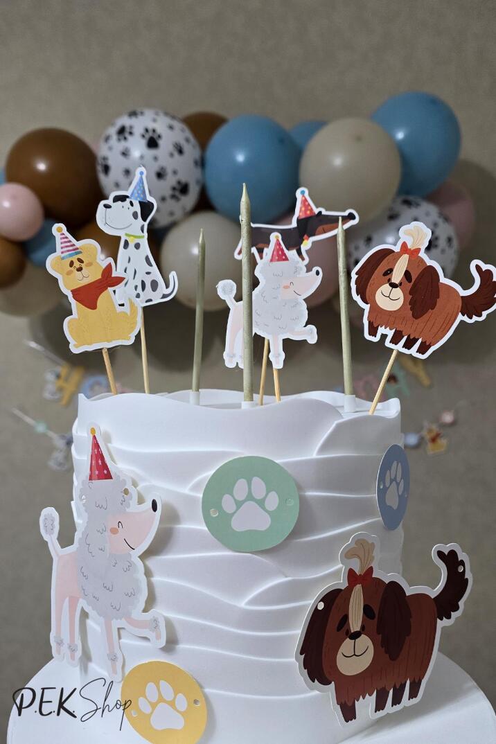 Sevimli Köpekler Konsept Pasta Süsleri Seti Pasta Mumu ve Pasta Kürdanları Süsleme Seti 8 Parça - 4