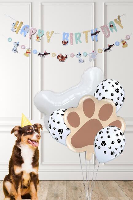 Sevimli Köpekler Tema Kemik ve Pati Balonlu Köpek Doğum Günü Balon Zinciri Seti - 1