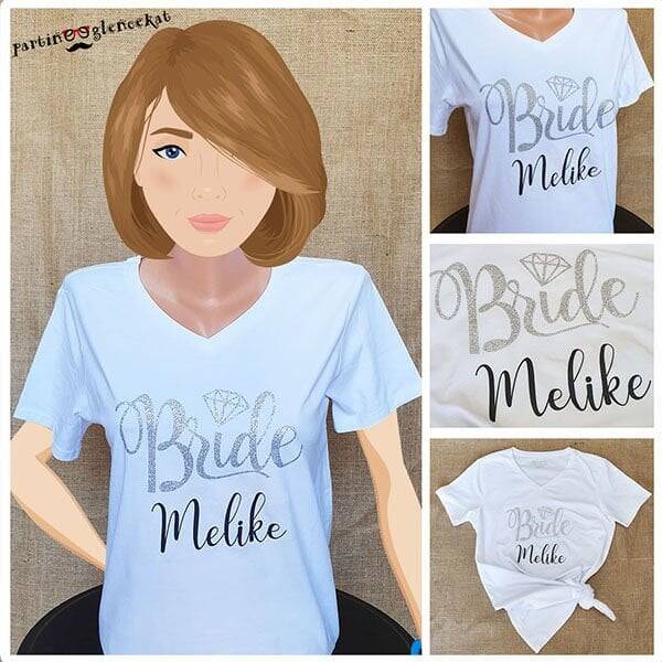 Silver Glitter İsme Özel Bride Baskılı Beyaz Tshirt - 1