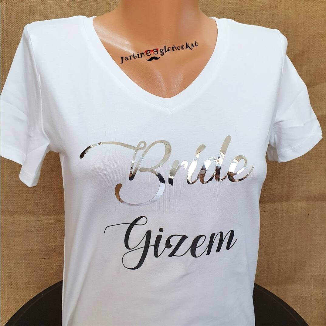 Silver Varaklı Bride Baskılı Beyaz İsme Özel Tshirt - 1
