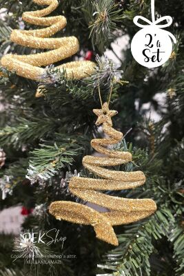 Simli Gold Ağaç Şekilli Yılbaşı Ağaç Süsü 2li Set - 1