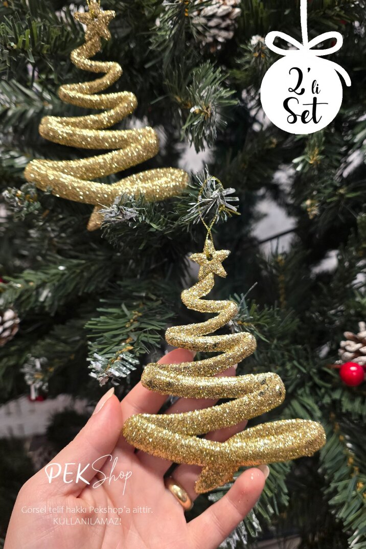 Simli Gold Ağaç Şekilli Yılbaşı Ağaç Süsü 2li Set - 2