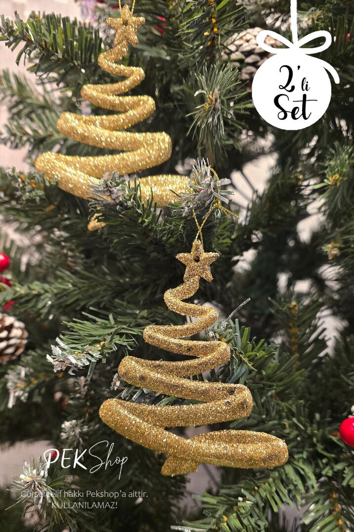 Simli Gold Ağaç Şekilli Yılbaşı Ağaç Süsü 2li Set - 3