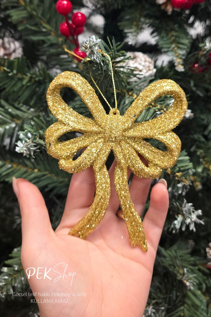Simli Gold Büyük Fiyonk Yılbaşı Ağaç Süsü GOLD Tekli Lüks Yılbaşı Süsü - 2