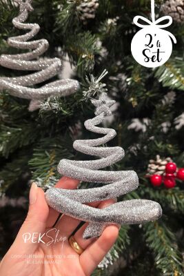 Simli Gümüş Ağaç Şekilli Yılbaşı Ağaç Süsü 2li Set - 2