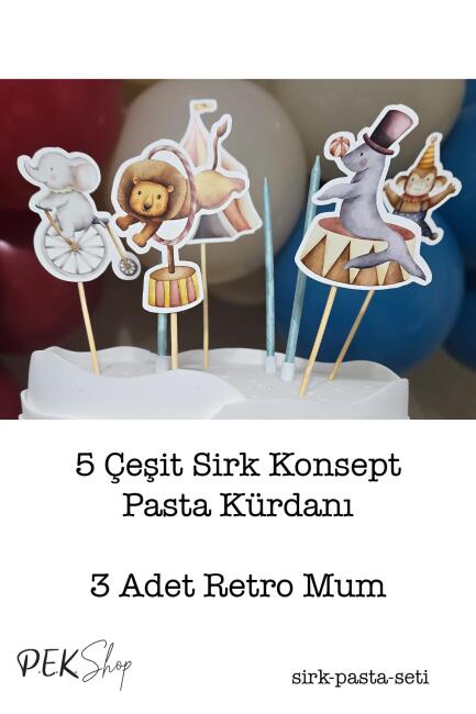 Sirk Konsept Pasta Süsleri Seti Pasta Mumu ve Pasta Kürdanları Süsleme Seti 8 Parça - 2