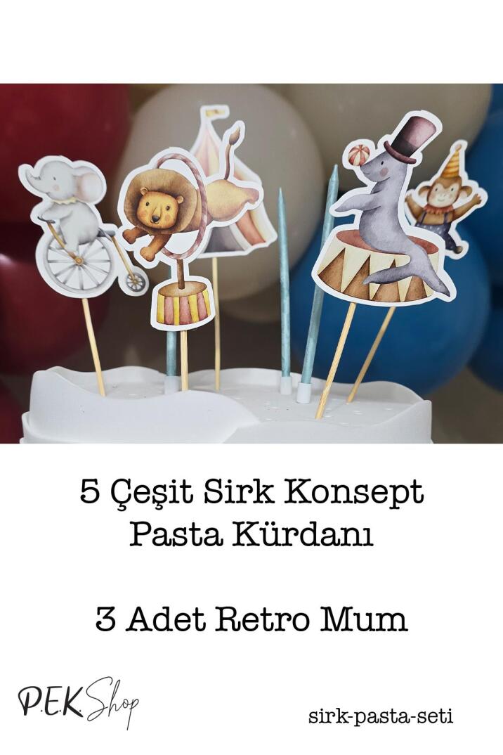 Sirk Konsept Pasta Süsleri Seti Pasta Mumu ve Pasta Kürdanları Süsleme Seti 8 Parça - 2