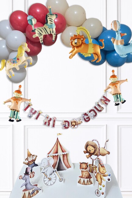 Sirk Tema Doğum Günü Lüks Balon Zinciri Seti Bannerlı Masa Üstü Panolu Süsleme Seti - 1