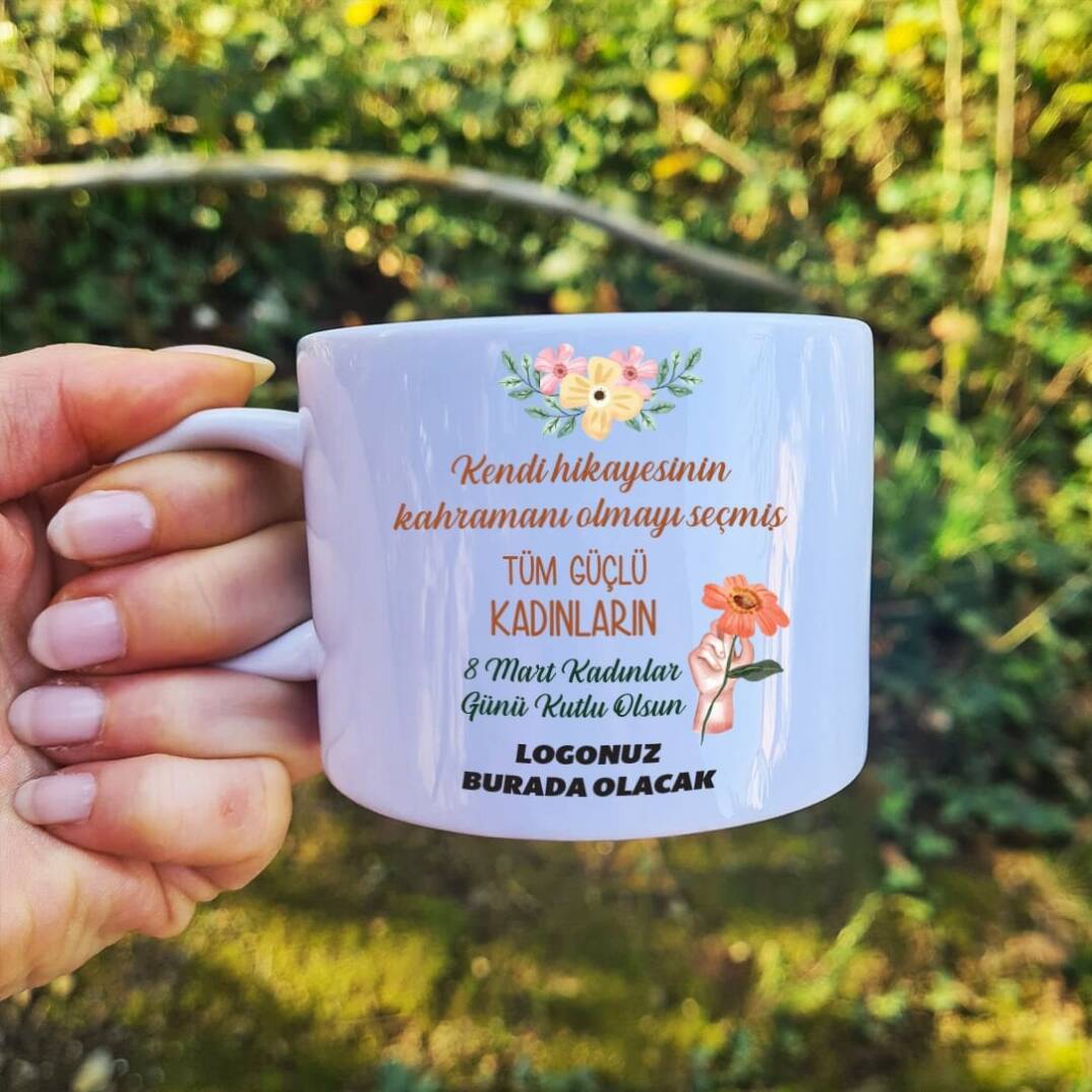 Şirket Logolu 8 Mart Kadınlar Günü Hediyesi Fincan Turuncu Çiçekli - 1