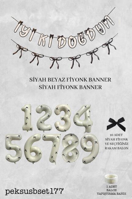 Siyah Fiyonk Konsept Banner ve Yaş Balonlu Doğum Günü Balon Seti - 6