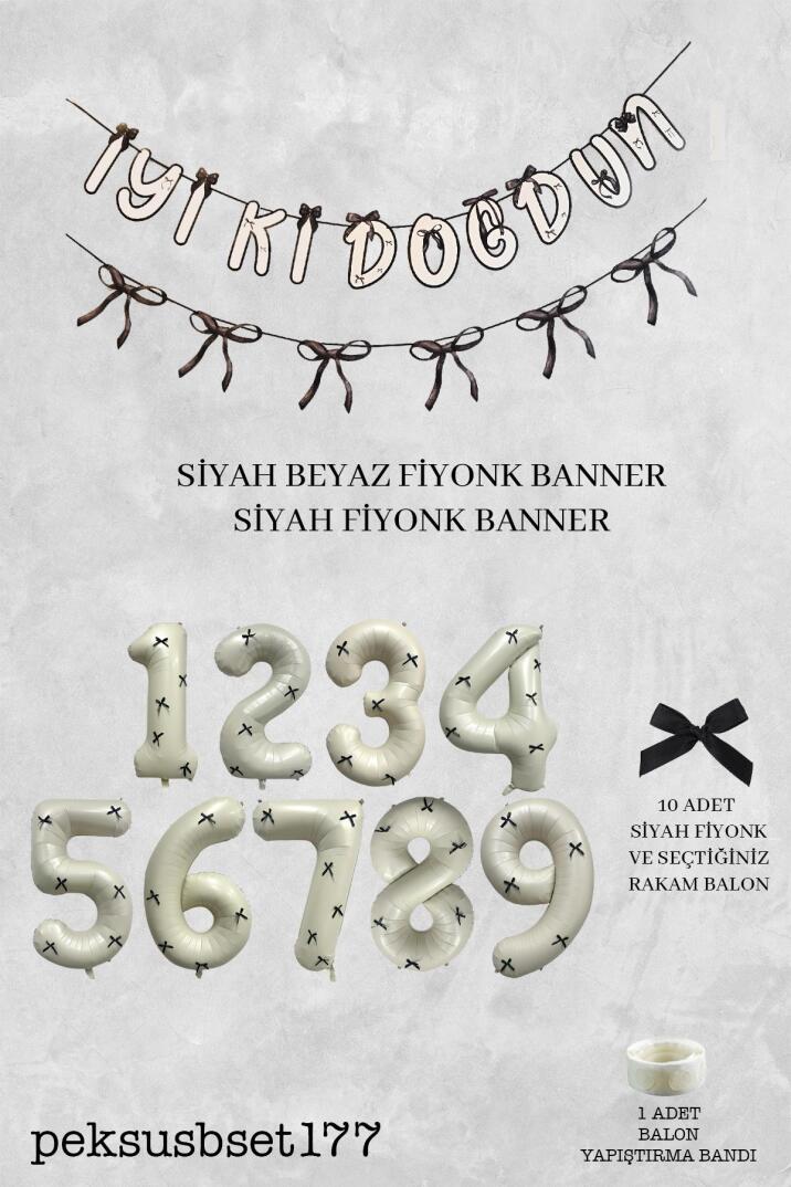 Siyah Fiyonk Konsept Banner ve Yaş Balonlu Doğum Günü Balon Seti - 14
