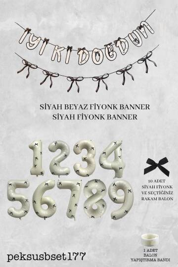Siyah Fiyonk Konsept Banner ve Yaş Balonlu Doğum Günü Balon Seti - 2