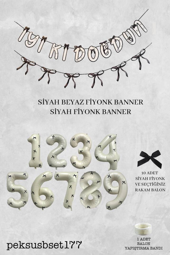 Siyah Fiyonk Konsept Banner ve Yaş Balonlu Doğum Günü Balon Seti - 2