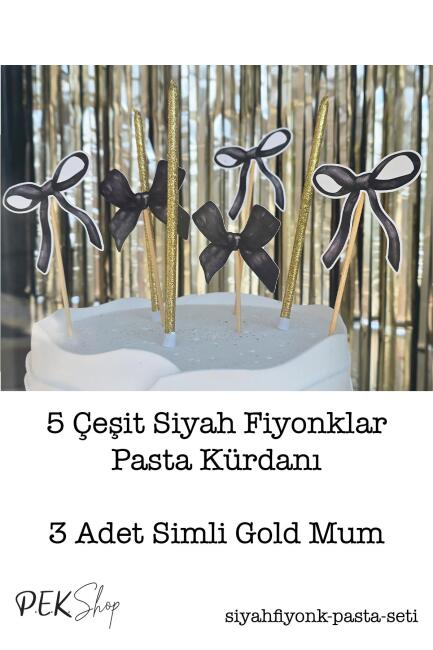 Siyah Fiyonk Konsept Pasta Süsleri Seti Pasta Mumu ve Pasta Kürdanları Süsleme Seti 8 Parça - 2