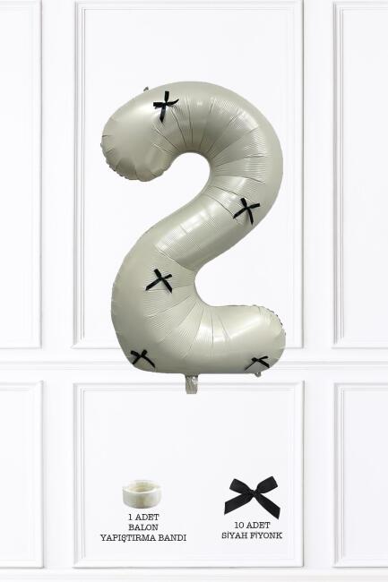 Siyah Fiyonklu Retro Krem Rakam Balon 80 cm Siyah Kurdeleli - 3
