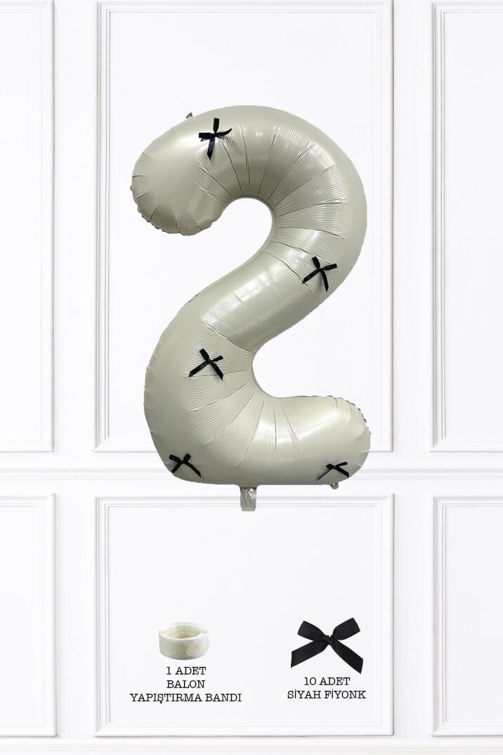 Siyah Fiyonklu Retro Krem Rakam Balon 80 cm Siyah Kurdeleli - 3