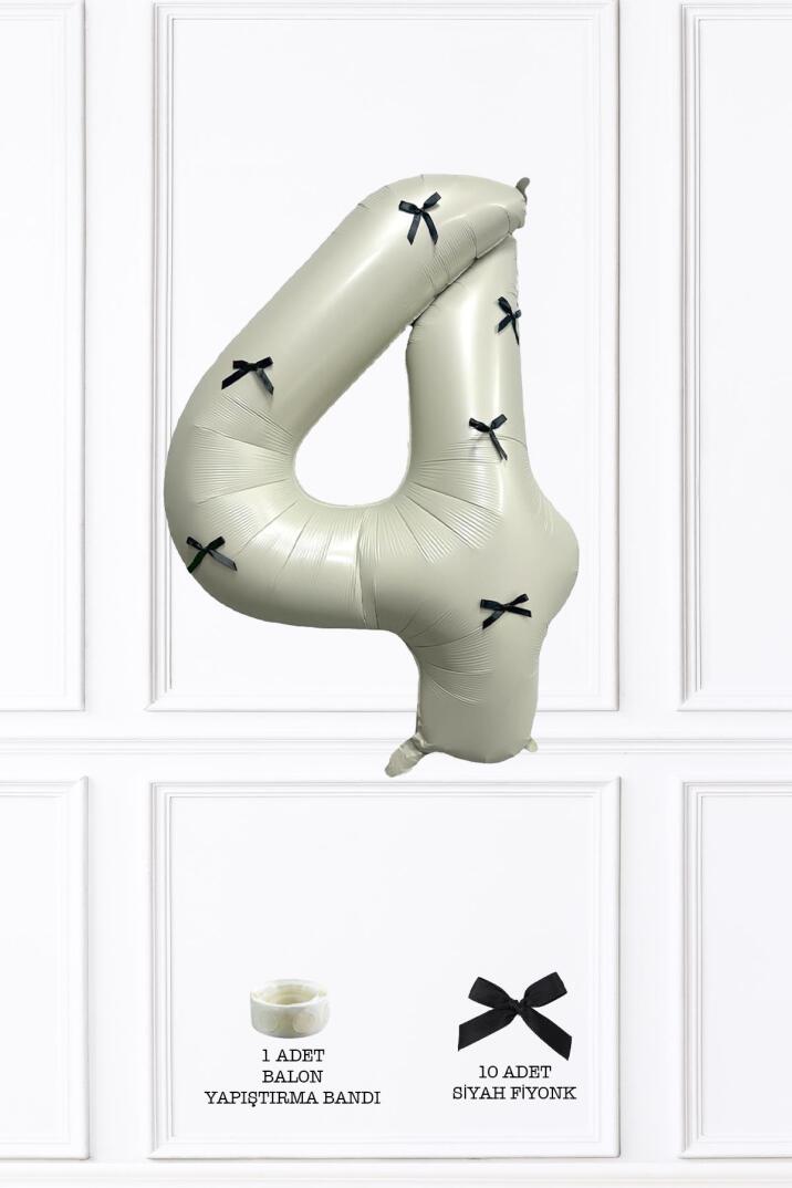 Siyah Fiyonklu Retro Krem Rakam Balon 80 cm Siyah Kurdeleli - 7