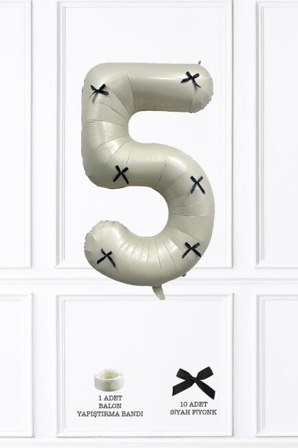 Siyah Fiyonklu Retro Krem Rakam Balon 80 cm Siyah Kurdeleli - 9