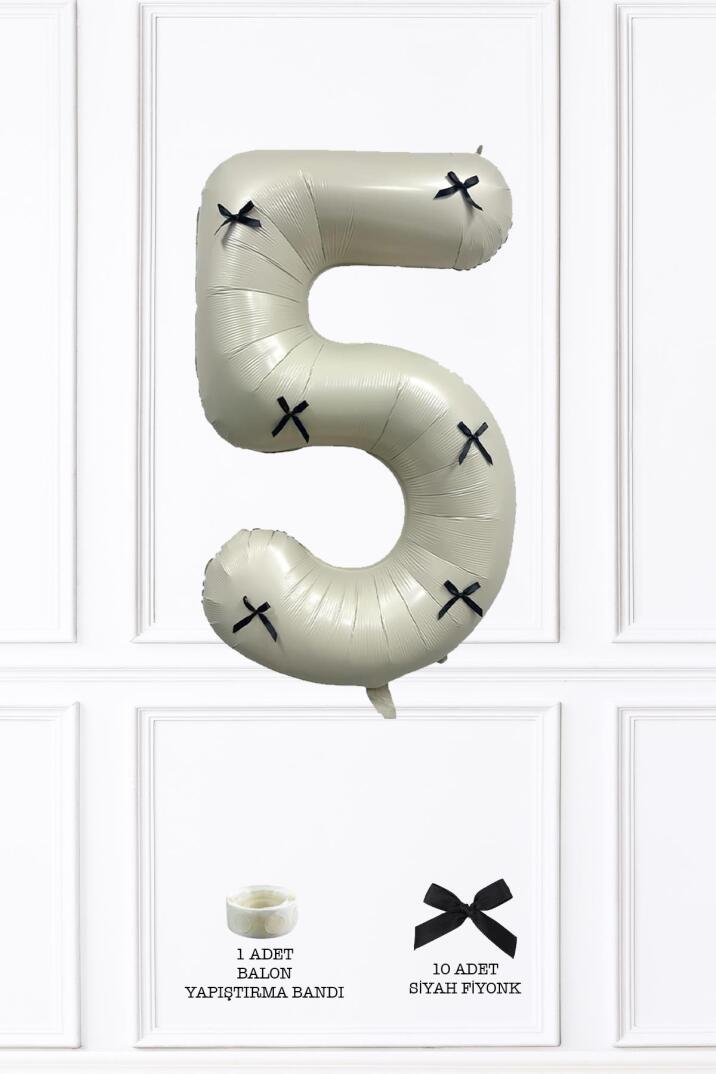 Siyah Fiyonklu Retro Krem Rakam Balon 80 cm Siyah Kurdeleli - 9