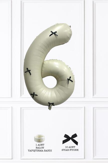 Siyah Fiyonklu Retro Krem Rakam Balon 80 cm Siyah Kurdeleli - 11