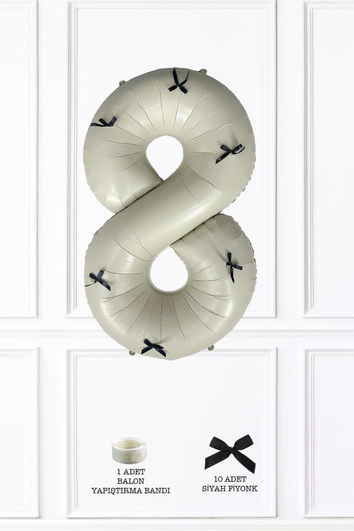Siyah Fiyonklu Retro Krem Rakam Balon 80 cm Siyah Kurdeleli - 15
