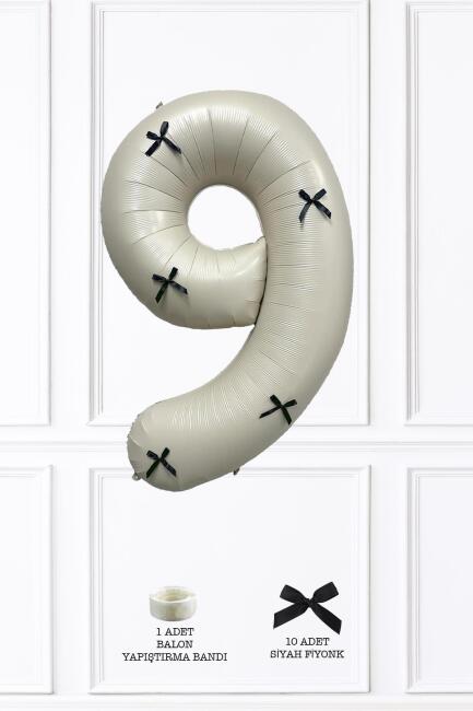 Siyah Fiyonklu Retro Krem Rakam Balon 80 cm Siyah Kurdeleli - 17