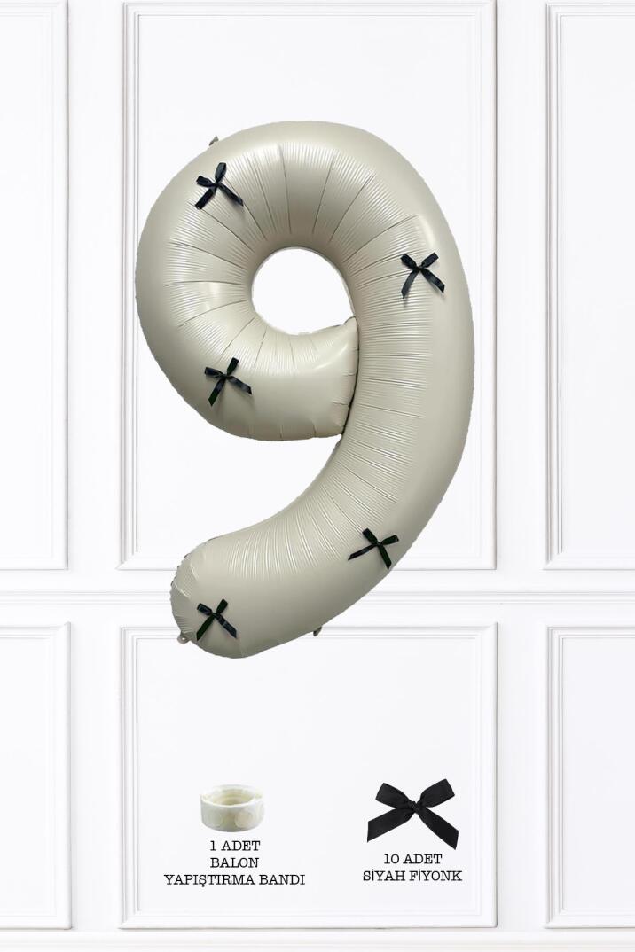 Siyah Fiyonklu Retro Krem Rakam Balon 80 cm Siyah Kurdeleli - 17