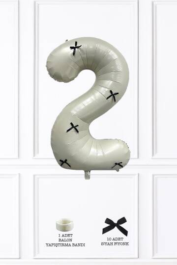 Siyah Fiyonklu Retro Krem Rakam Balon 80 cm Siyah Kurdeleli - 3