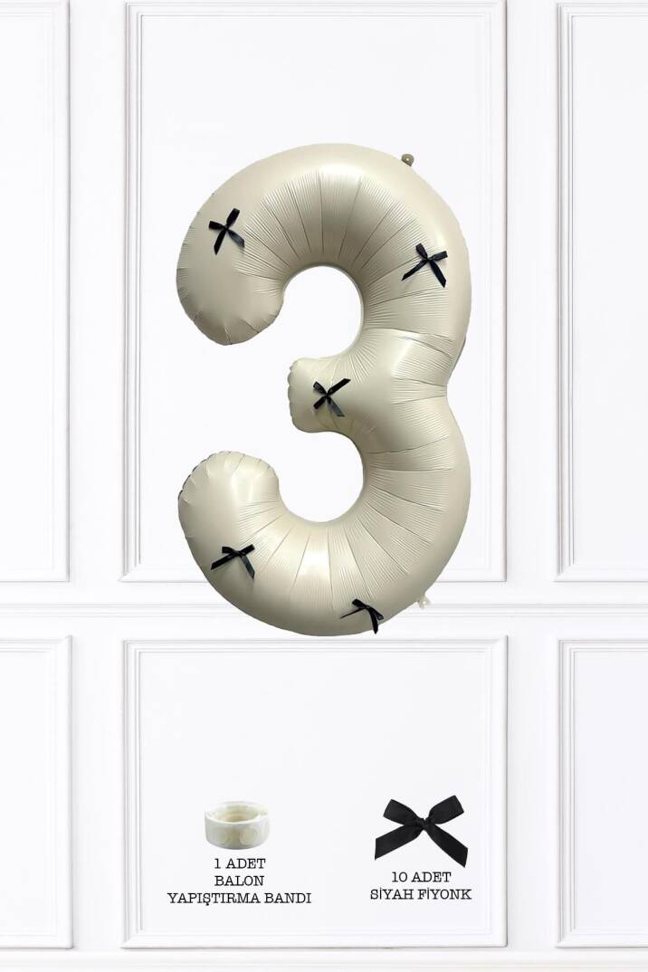Siyah Fiyonklu Retro Krem Rakam Balon 80 cm Siyah Kurdeleli - 4