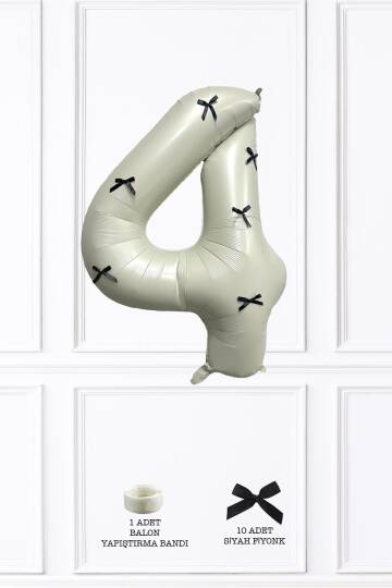 Siyah Fiyonklu Retro Krem Rakam Balon 80 cm Siyah Kurdeleli - 5