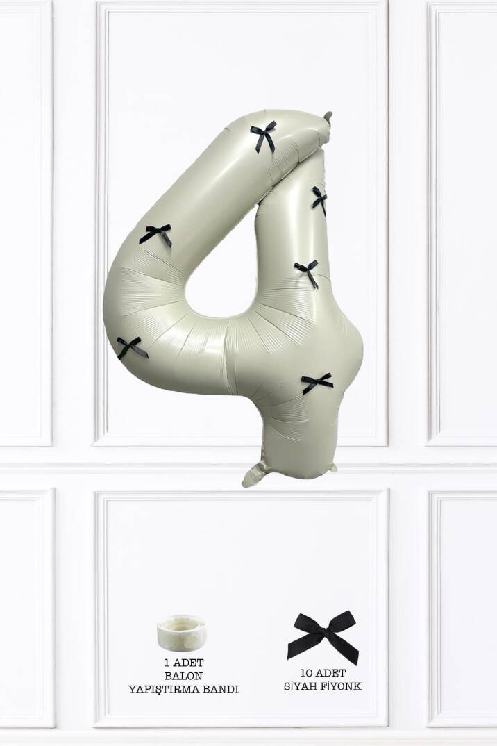 Siyah Fiyonklu Retro Krem Rakam Balon 80 cm Siyah Kurdeleli - 5