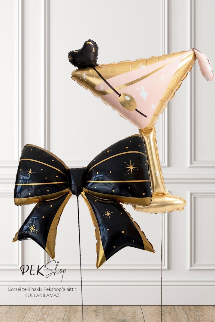 Siyah Gold Fiyonk Balon ve Martini Kadeh Folyo Balon 2li Set - 1