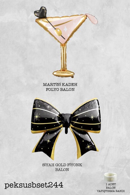 Siyah Gold Fiyonk Balon ve Martini Kadeh Folyo Balon 2li Set - 2