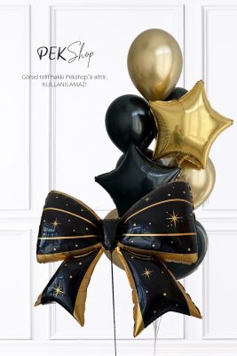 Siyah Gold Fiyonk Folyo Balonlu Gold ve Siyah Tema Balon Seti Set235 - 1
