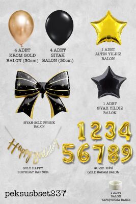 Siyah Gold Tema Fiyonk Yıldız Balonlu Bannerlı Doğum Günü Balon Seti - 2