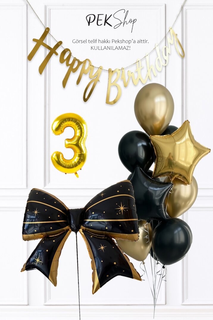 Siyah Gold Tema Fiyonk Yıldız Balonlu Bannerlı Doğum Günü Balon Seti - 6