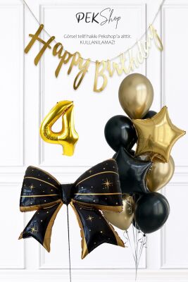 Siyah Gold Tema Fiyonk Yıldız Balonlu Bannerlı Doğum Günü Balon Seti - 7